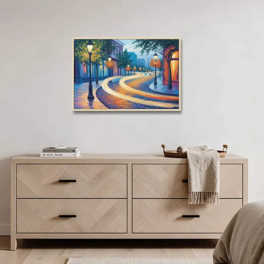 Crescent Street Lights - Oak Framed Canvas Wall Art - Coffee Table - 36x24