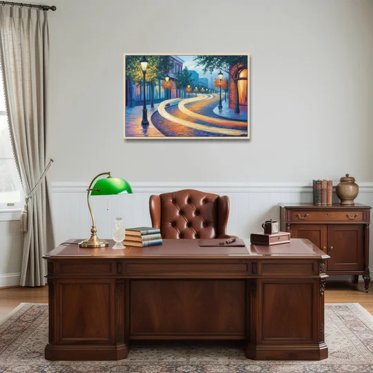 Crescent Street Lights - Oak Framed Canvas Wall Art - Office - 36x24