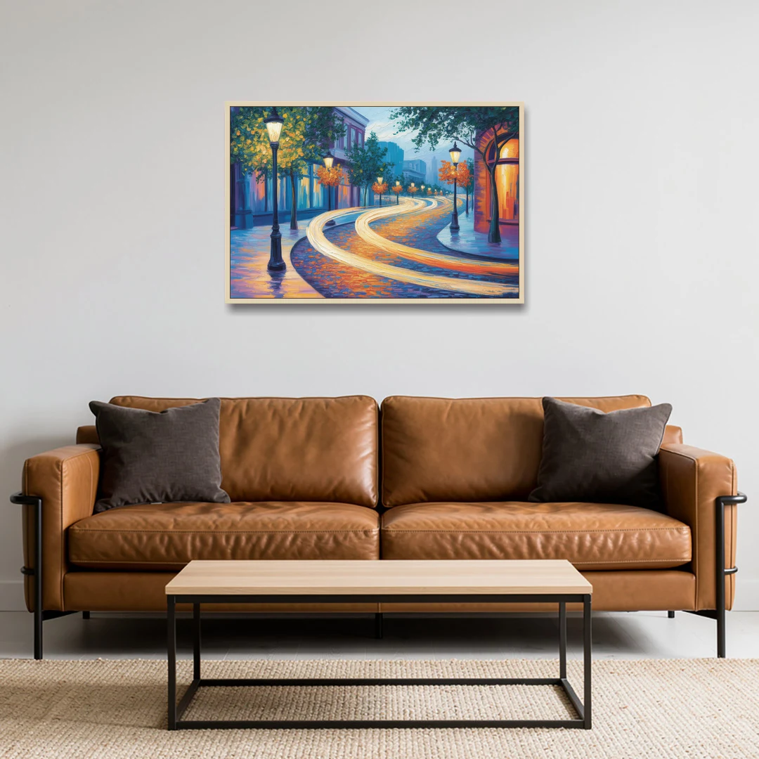Crescent Street Lights - Oak Framed Canvas Wall Art - Sofa - 36x24