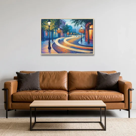 Crescent Street Lights - Oak Framed Canvas Wall Art - Sofa - 36x24