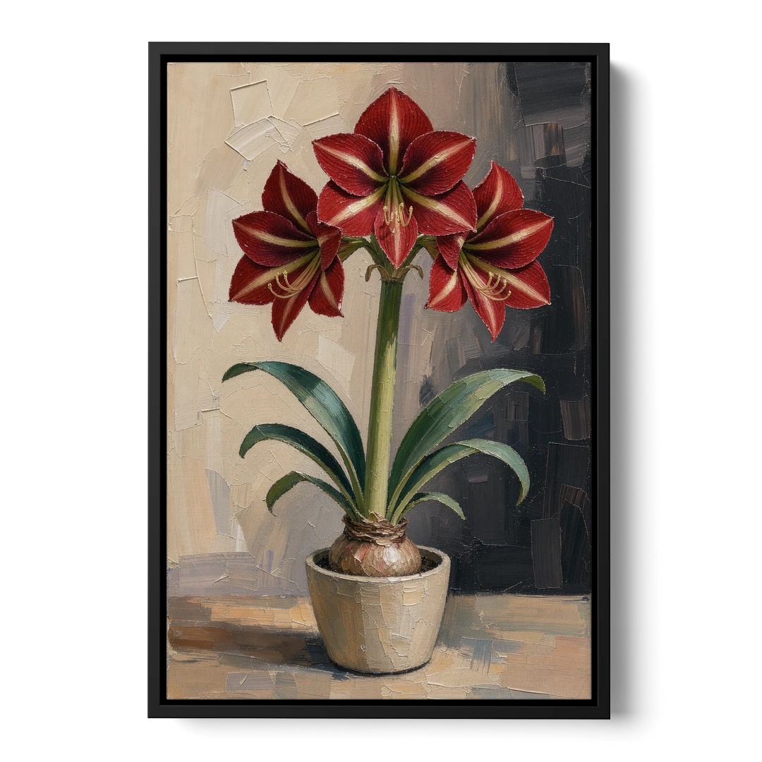 Crimson Amaryllis Flower in a Cream Pot - Black Framed Canvas Wall Art - Front