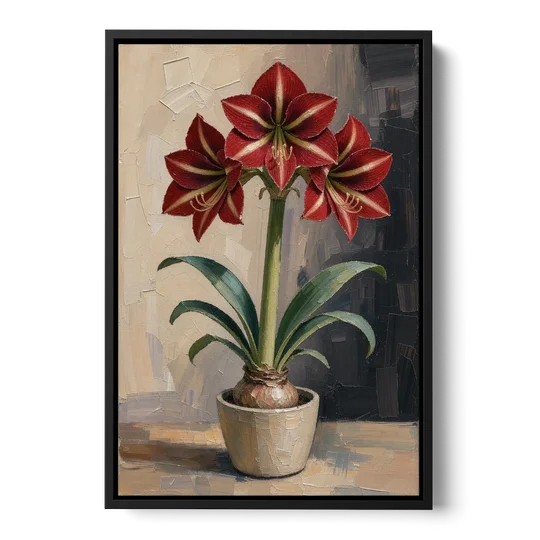 Crimson Amaryllis Flower in a Cream Pot - Black Framed Canvas Wall Art - Front