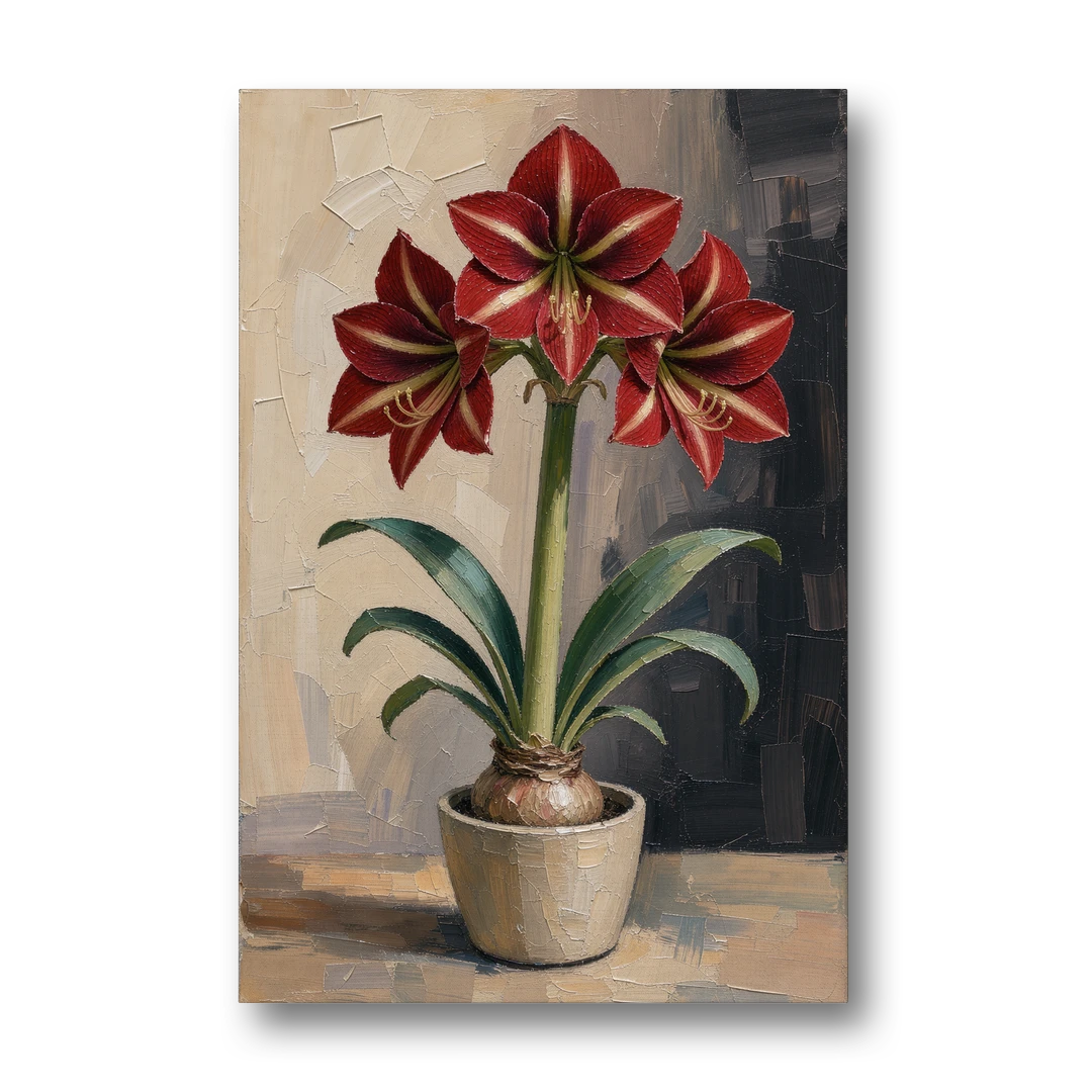 Crimson Amaryllis Flower in a Cream Pot - Canvas Wall Art - Front