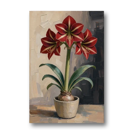 Crimson Amaryllis Flower in a Cream Pot - Canvas Wall Art - Front