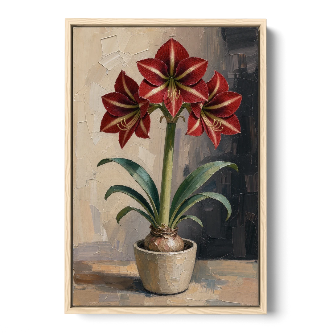 Crimson Amaryllis Flower in a Cream Pot - Oak Framed Canvas Wall Art - Front