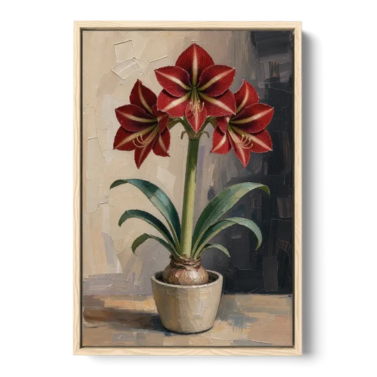Crimson Amaryllis Flower in a Cream Pot - Oak Framed Canvas Wall Art - Front