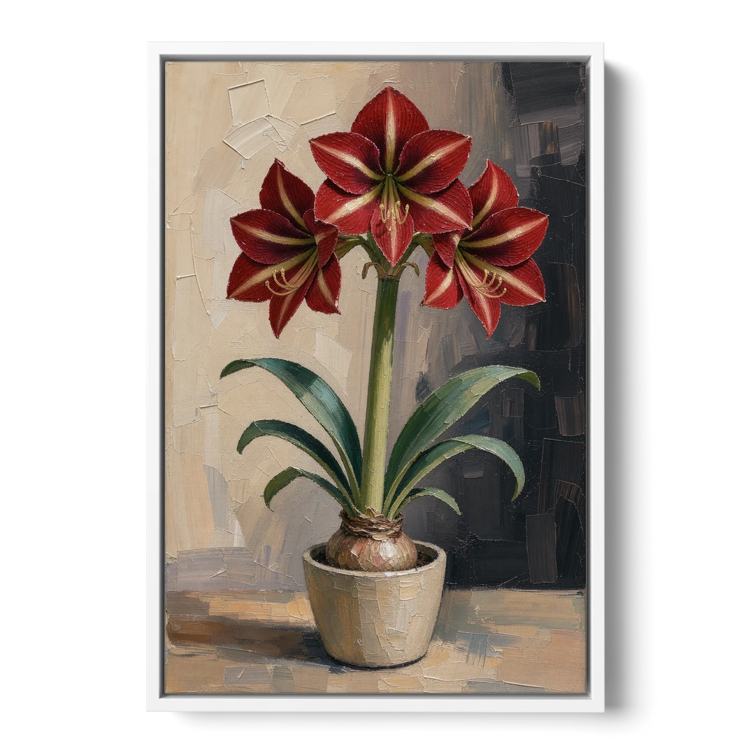 Crimson Amaryllis Flower in a Cream Pot - White Framed Canvas Wall Art - Front