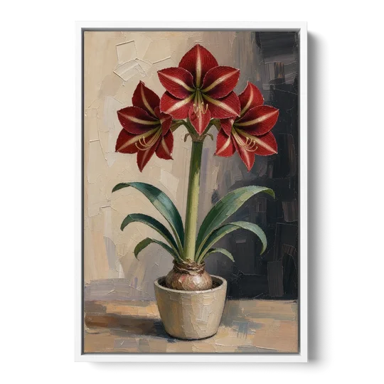 Crimson Amaryllis Flower in a Cream Pot - White Framed Canvas Wall Art - Front