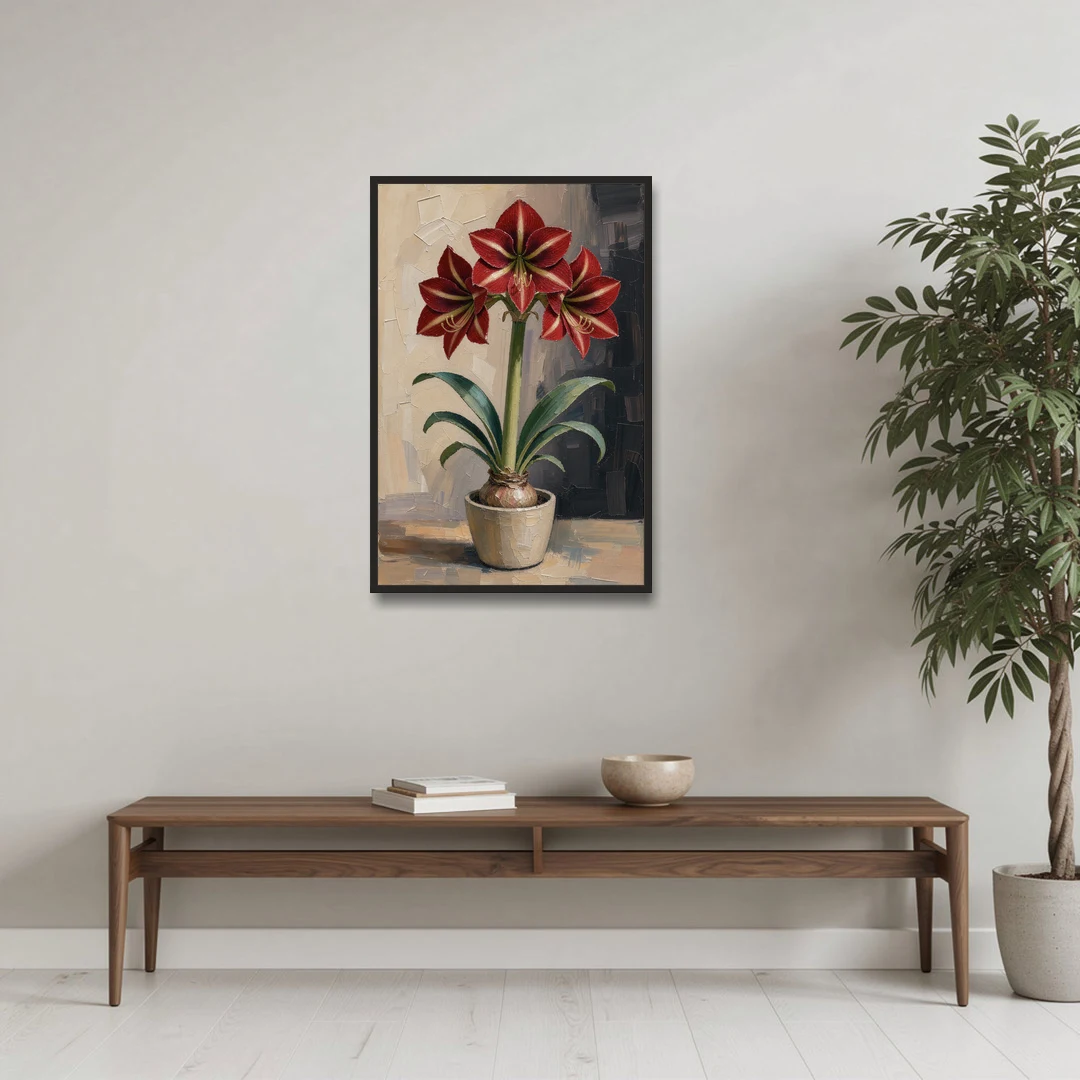 Crimson Amaryllis Flower in a Cream Pot - Black Framed Canvas Wall Art - Coffee Table - 24x36