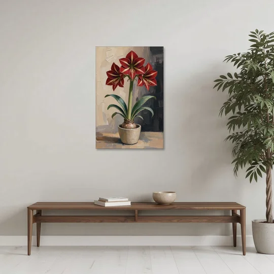 Crimson Amaryllis Flower in a Cream Pot - Canvas Wall Art - Coffee Table - 24x36