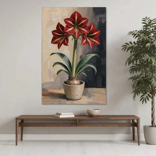 Crimson Amaryllis Flower in a Cream Pot - Canvas Wall Art - Coffee Table - 40x60