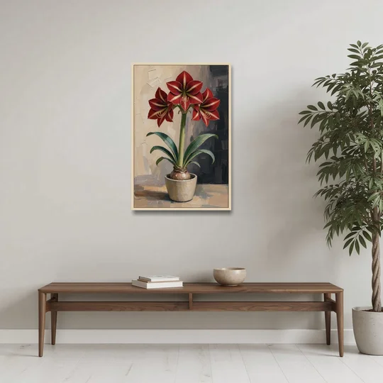 Crimson Amaryllis Flower in a Cream Pot - Oak Framed Canvas Wall Art - Coffee Table - 24x36