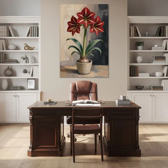 Crimson Amaryllis Flower in a Cream Pot - Canvas Wall Art - Office - 40x60