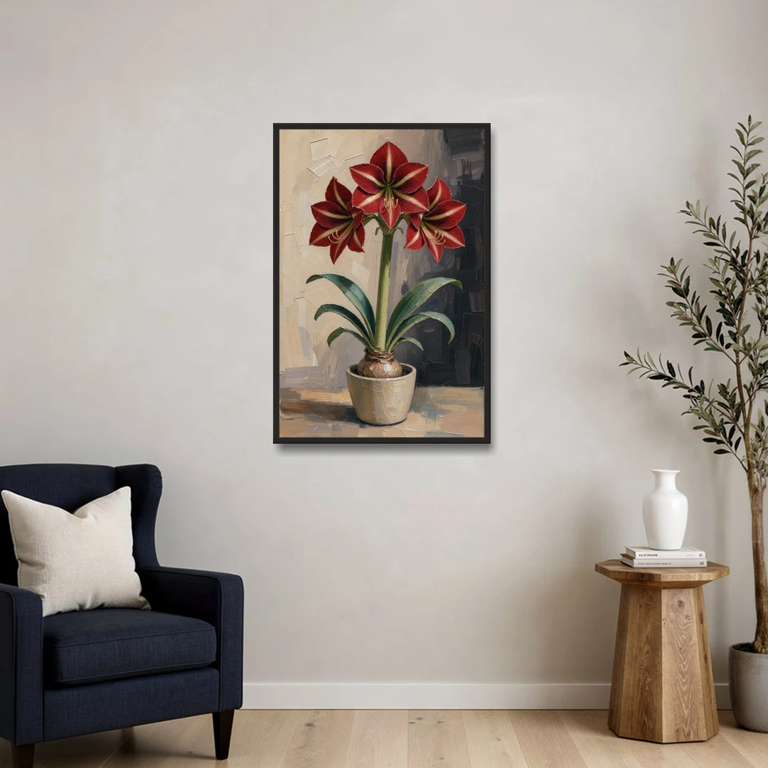 Crimson Amaryllis Flower in a Cream Pot - Black Framed Canvas Wall Art - Sofa - 24x36