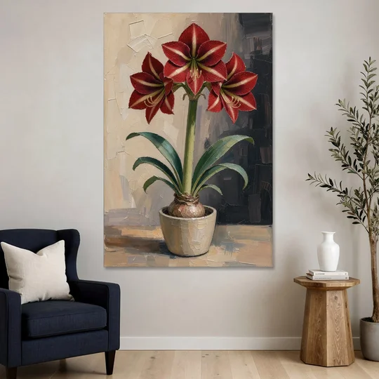 Crimson Amaryllis Flower in a Cream Pot - Canvas Wall Art - Sofa - 40x60