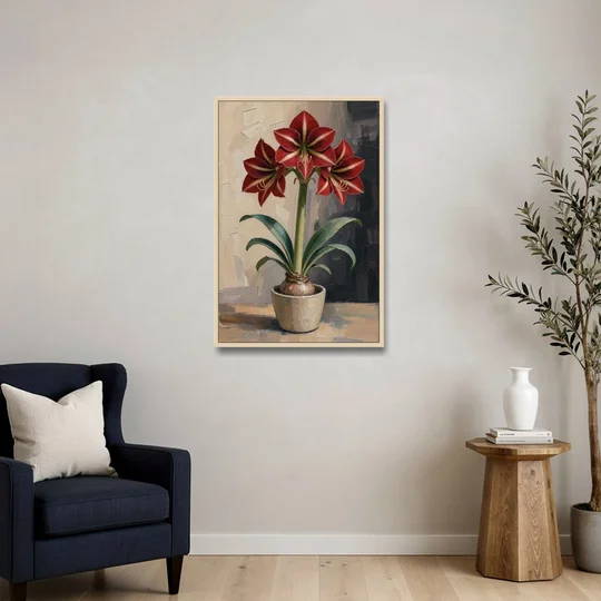 Crimson Amaryllis Flower in a Cream Pot - Oak Framed Canvas Wall Art - Sofa - 24x36