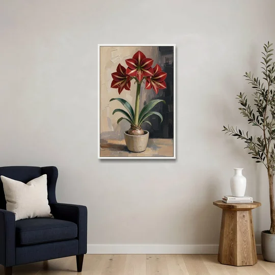 Crimson Amaryllis Flower in a Cream Pot - White Framed Canvas Wall Art - Sofa - 24x36