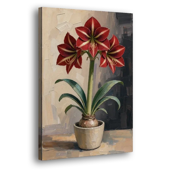 Crimson Amaryllis Flower in a Cream Pot - Canvas Wall Art - Side