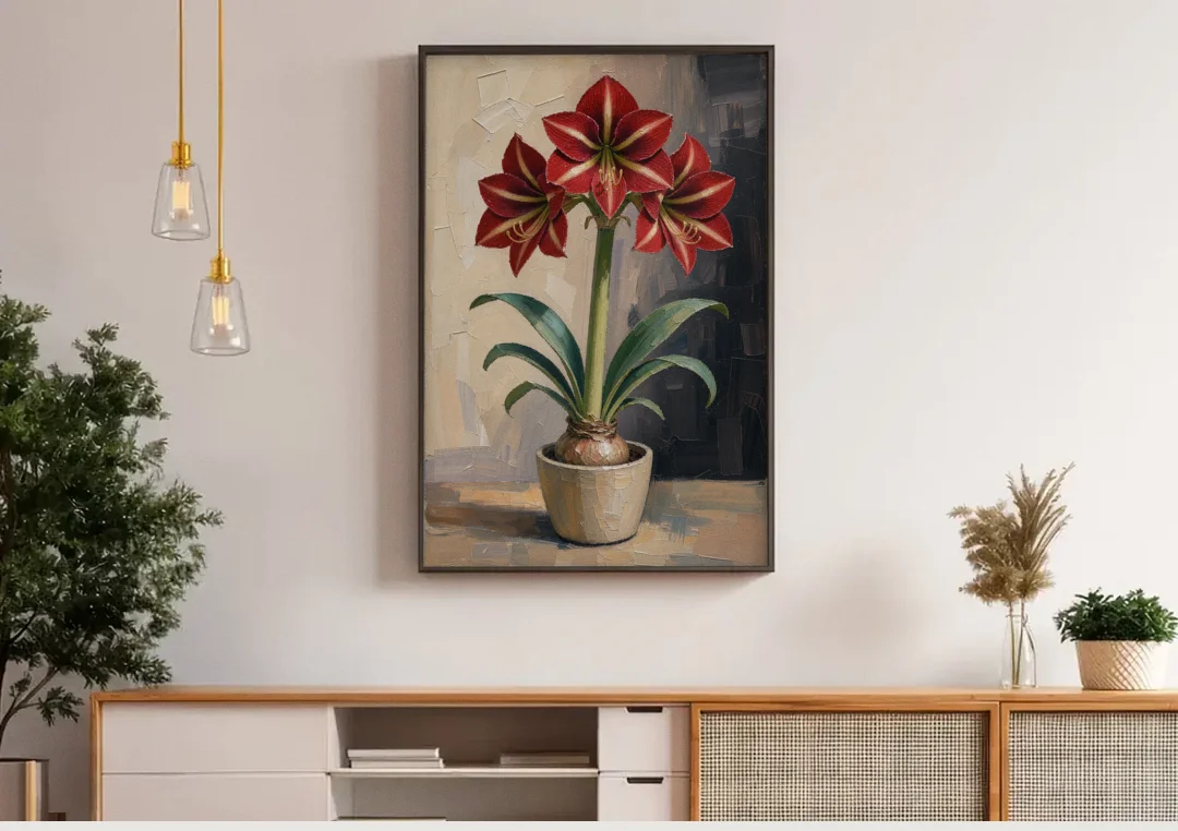 Crimson Amaryllis Flower in a Cream Pot canvas wall art above a wooden sideboard under pendant lights