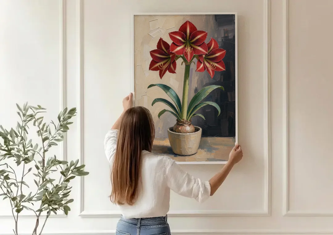 Crimson Amaryllis Flower in a Cream Pot canvas wall art being hung on a paneled wall