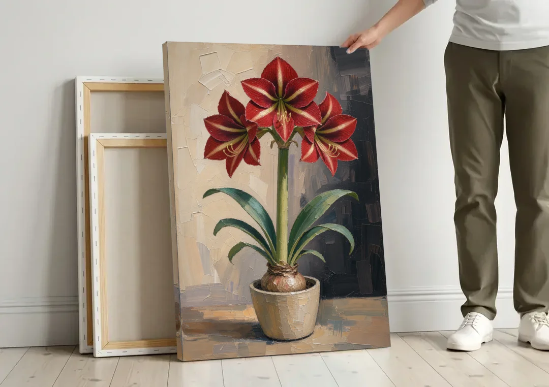 Crimson Amaryllis Flower in a Cream Pot canvas wall art leaning against a wall next to blank canvases