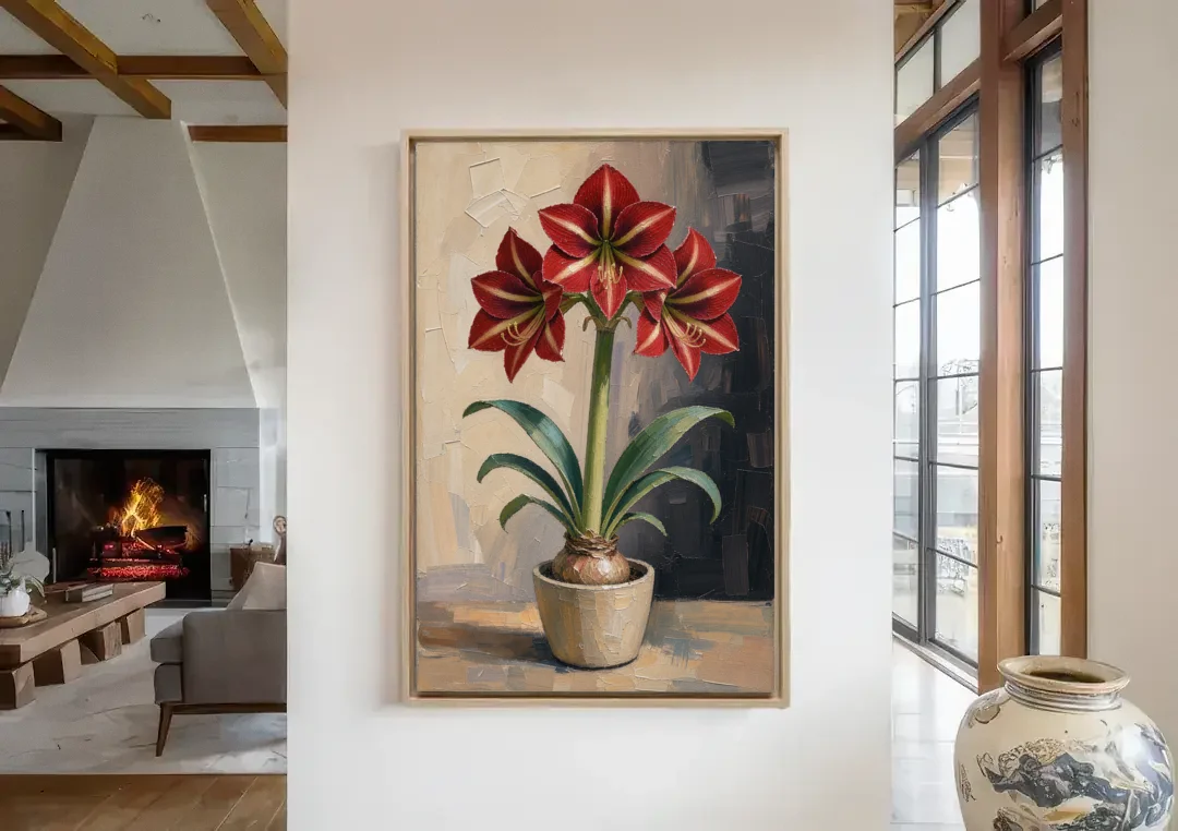 Crimson Amaryllis Flower in a Cream Pot canvas wall art in a living room with a fireplace
