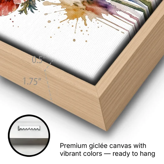 Crimson Anemone Flower Trio for the Living Room - Oak Framed Canvas Wall Art - Gallery Wrap Corner