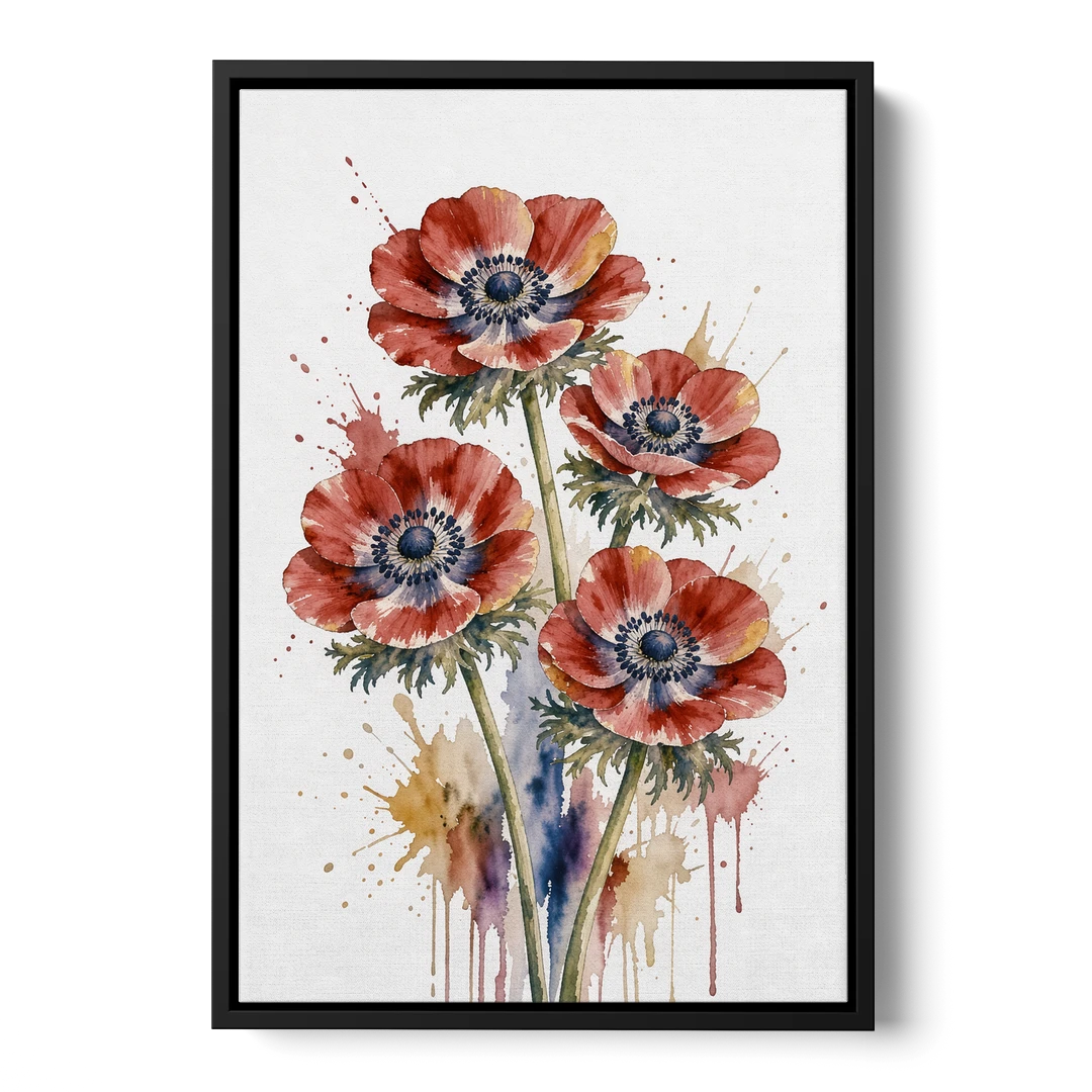 Crimson Anemone Flower Trio for the Living Room - Black Framed Canvas Wall Art - Front
