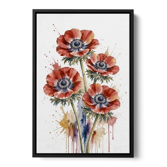 Crimson Anemone Flower Trio for the Living Room - Black Framed Canvas Wall Art - Front