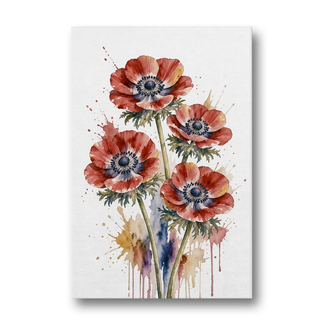 Crimson Anemone Flower Trio for the Living Room - Canvas Wall Art - Front