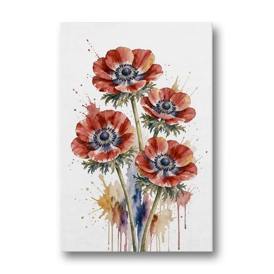 Crimson Anemone Flower Trio for the Living Room - Canvas Wall Art - Front