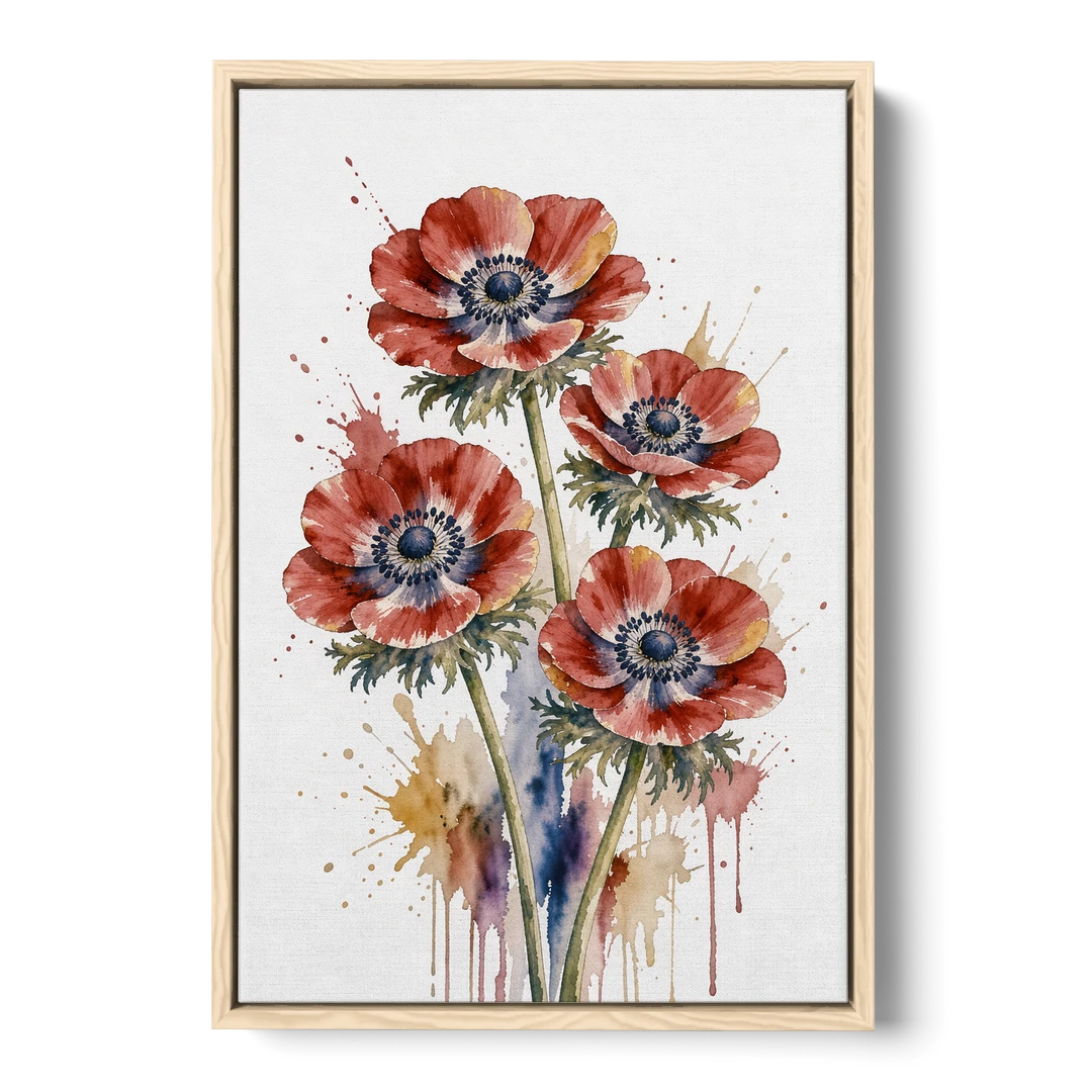 Crimson Anemone Flower Trio for the Living Room - Oak Framed Canvas Wall Art - Front