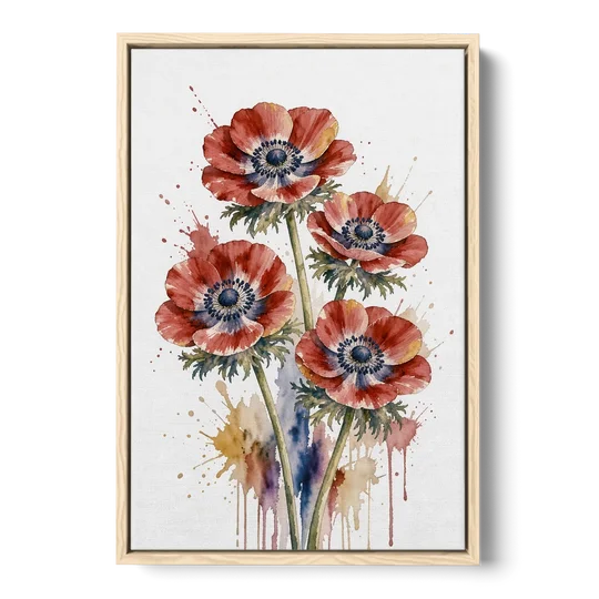 Crimson Anemone Flower Trio for the Living Room - Oak Framed Canvas Wall Art - Front