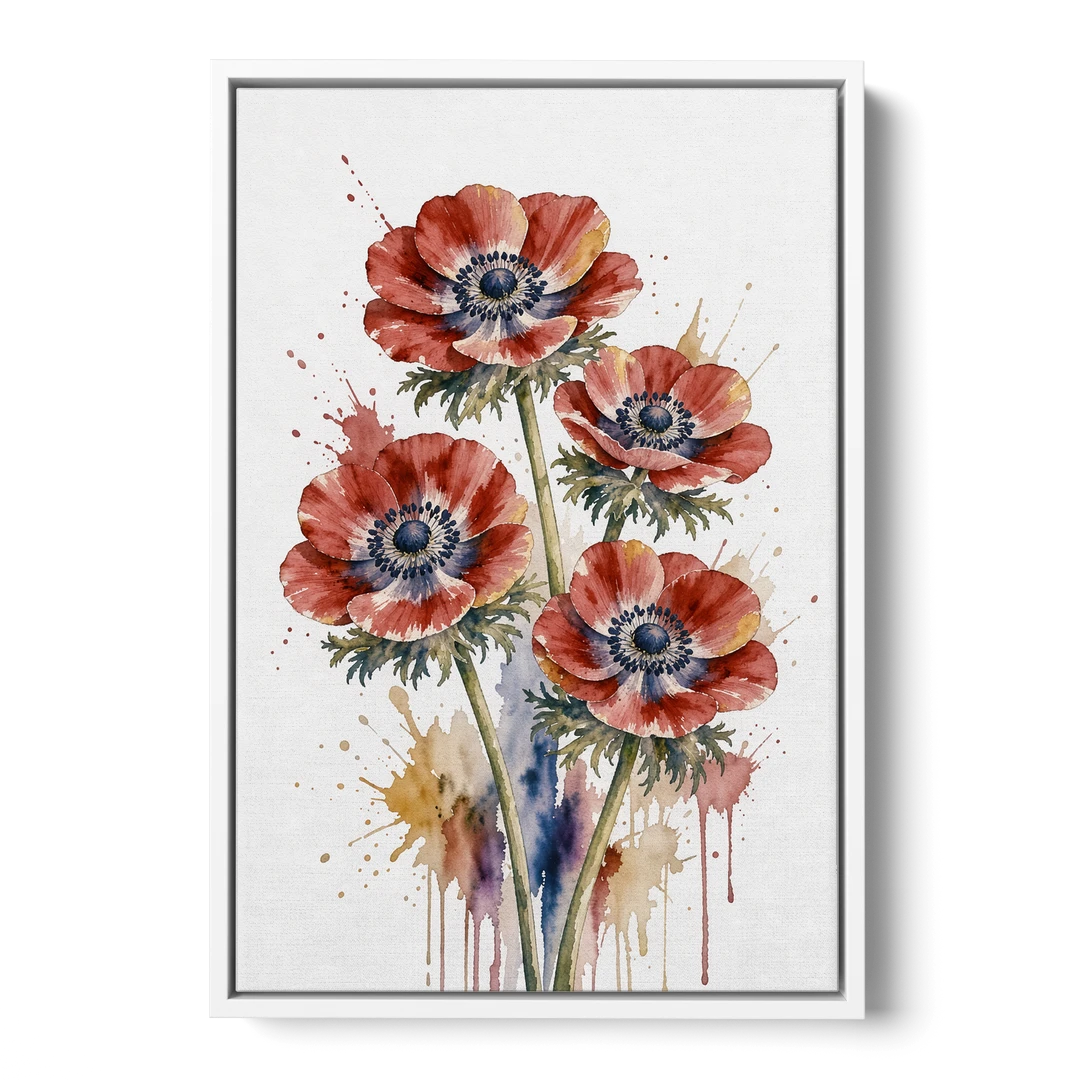 Crimson Anemone Flower Trio for the Living Room - White Framed Canvas Wall Art - Front
