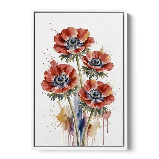 Crimson Anemone Flower Trio for the Living Room - White Framed Canvas Wall Art - Front