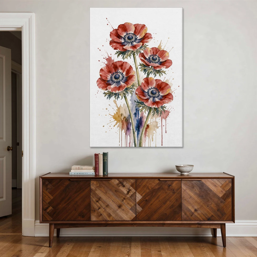 Crimson Anemone Flower Trio for the Living Room - Canvas Wall Art - Coffee Table - 40x60