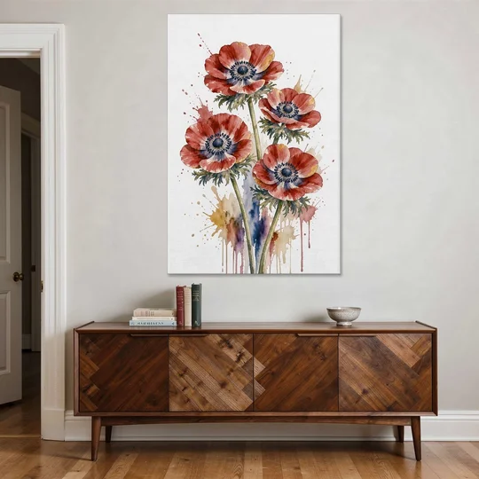 Crimson Anemone Flower Trio for the Living Room - Canvas Wall Art - Coffee Table - 40x60