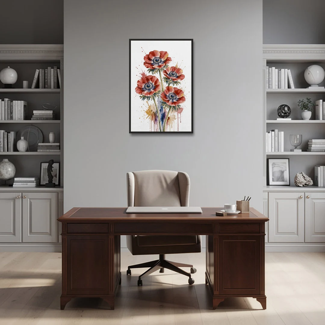Crimson Anemone Flower Trio for the Living Room - Black Framed Canvas Wall Art - Office - 24x36