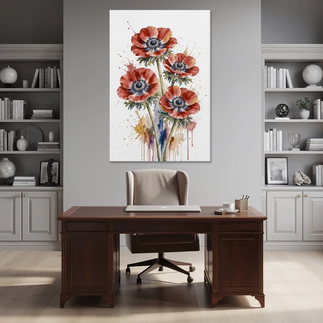 Crimson Anemone Flower Trio for the Living Room - Canvas Wall Art - Office - 40x60