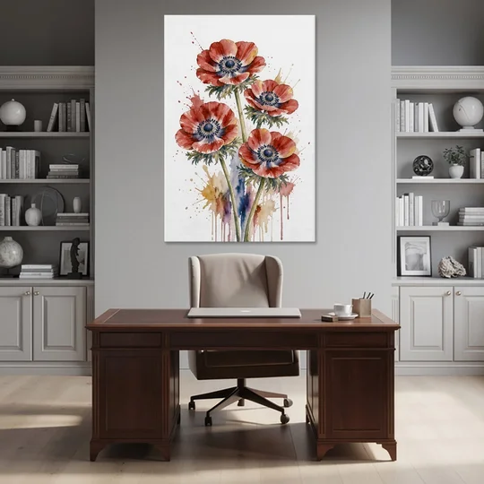 Crimson Anemone Flower Trio for the Living Room - Canvas Wall Art - Office - 40x60