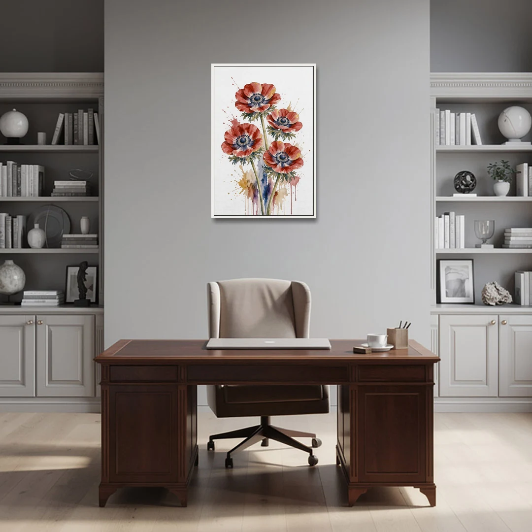 Crimson Anemone Flower Trio for the Living Room - White Framed Canvas Wall Art - Office - 24x36