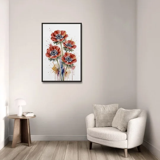 Crimson Anemone Flower Trio for the Living Room - Black Framed Canvas Wall Art - Sofa - 24x36