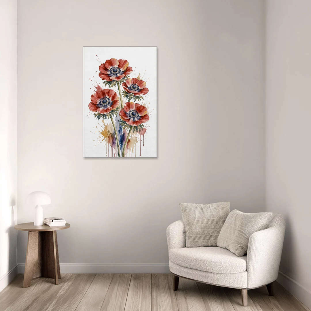 Crimson Anemone Flower Trio for the Living Room - Canvas Wall Art - Sofa - 24x36