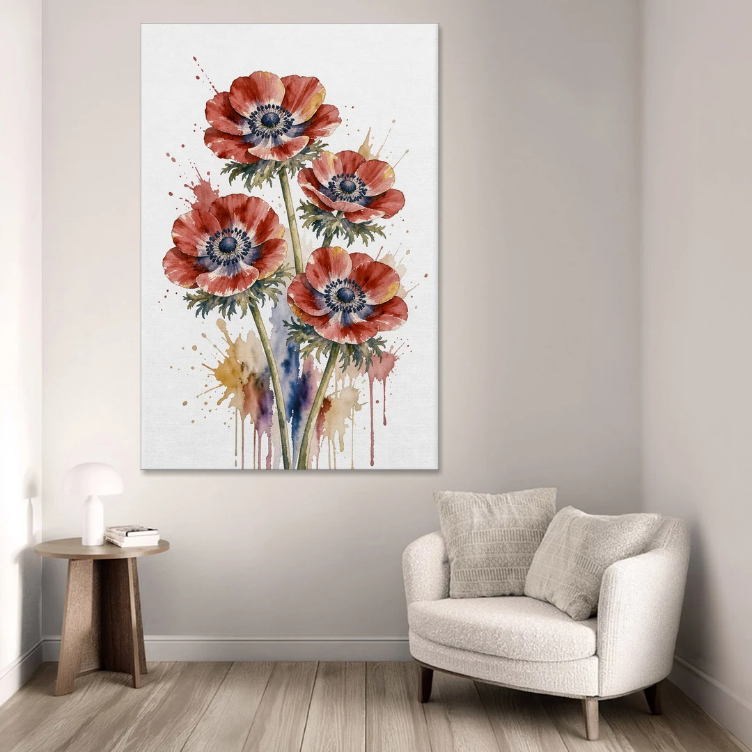 Crimson Anemone Flower Trio for the Living Room - Canvas Wall Art - Sofa - 40x60