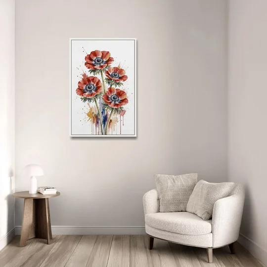 Crimson Anemone Flower Trio for the Living Room - White Framed Canvas Wall Art - Sofa - 24x36