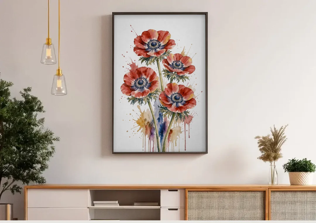Crimson Anemone Flower Trio for the Living Room canvas wall art above a wooden sideboard under pendant lights