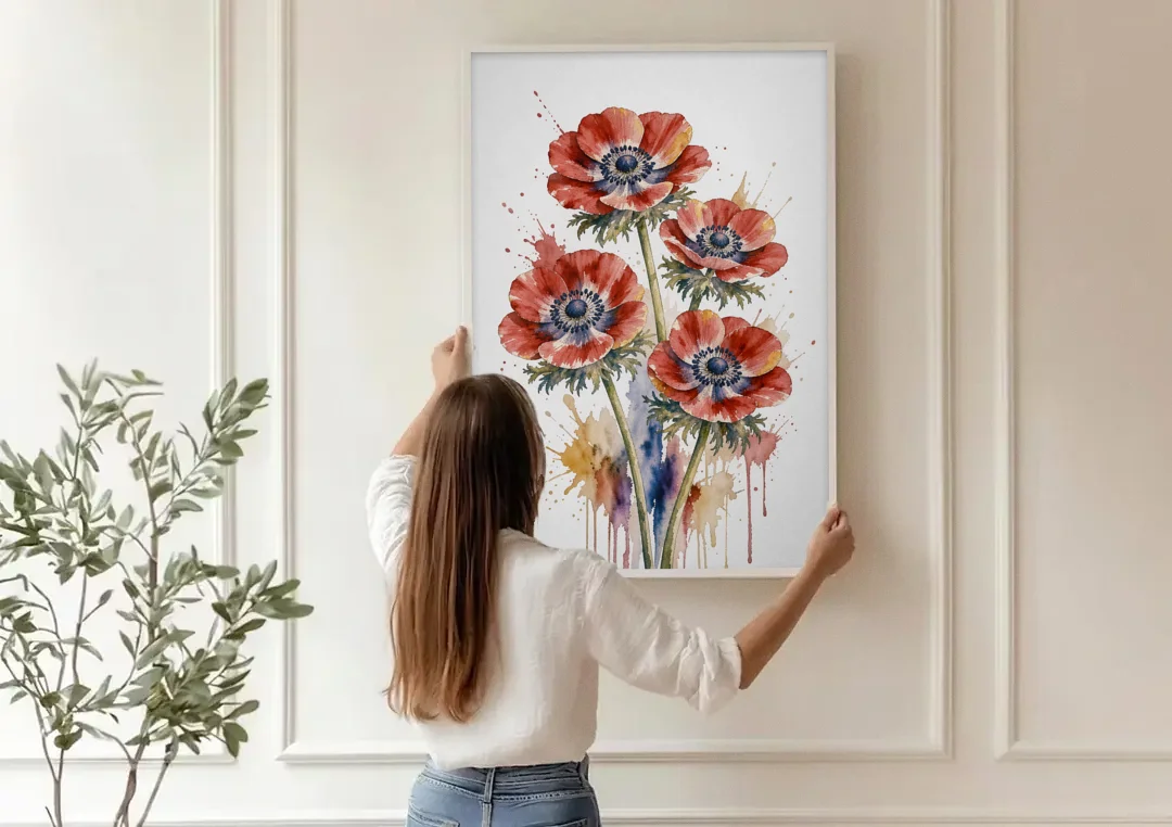 Crimson Anemone Flower Trio for the Living Room canvas wall art being hung on a paneled wall