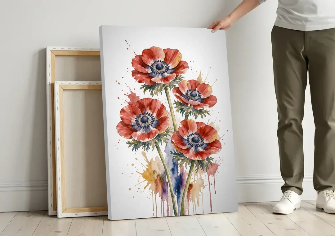 Crimson Anemone Flower Trio for the Living Room canvas wall art leaning against a wall next to blank canvases