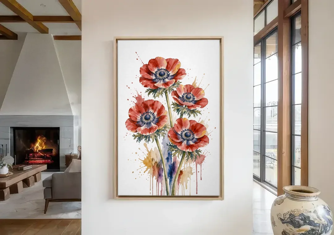 Crimson Anemone Flower Trio for the Living Room canvas wall art in a living room with a fireplace