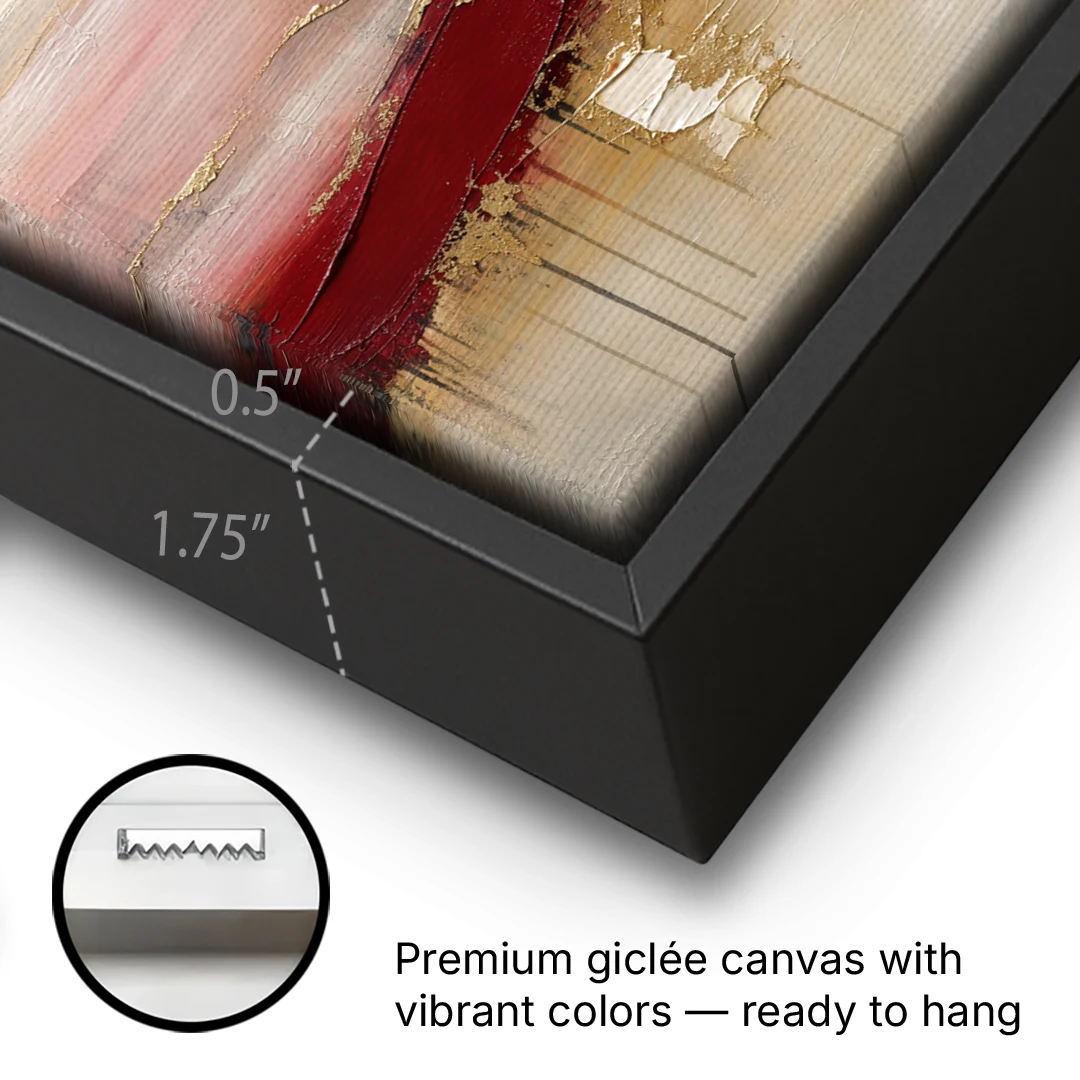 Crimson Ridge with Gold Seams in Ivory Haze - Black Framed Canvas Wall Art - Gallery Wrap Corner